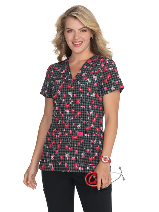 Women's 2-Pocket Print V-Neck Bell Scrub Top