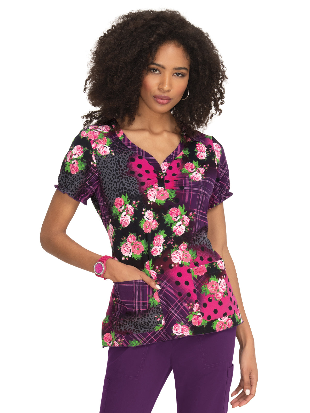 Women's 2-Pocket Stretch Print Heart-Shaped Neckline Blossom Scrub Top