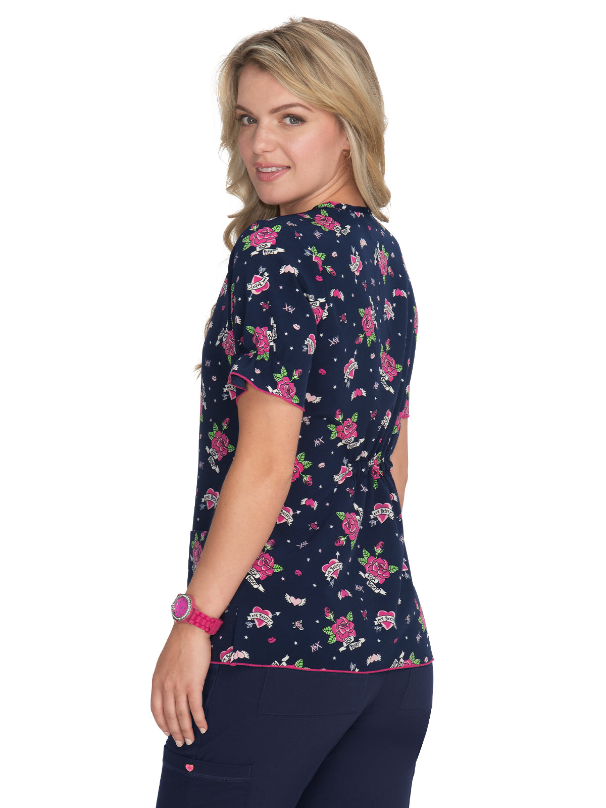 Women's 2-Pocket Heart-Shaped Neck Print Canola Scrub Top