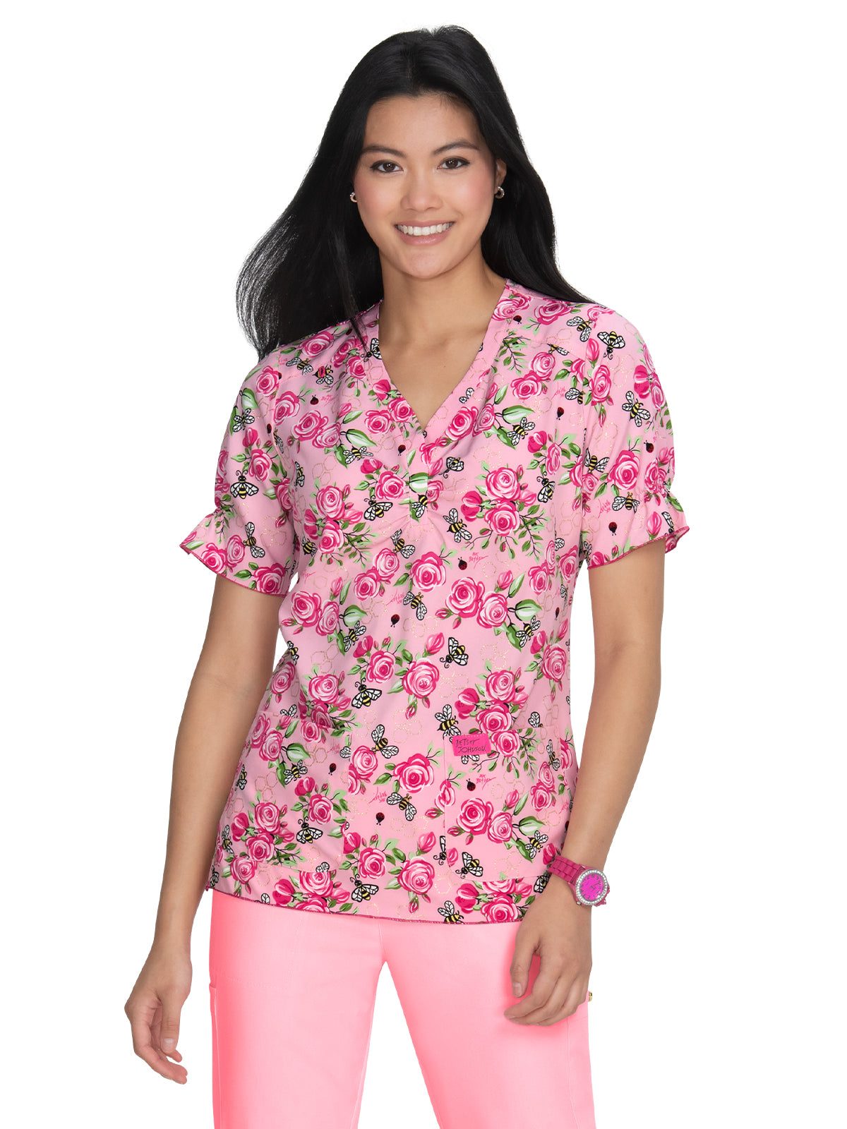 Women's 2-Pocket Heart-Shaped Neck Print Canola Scrub Top