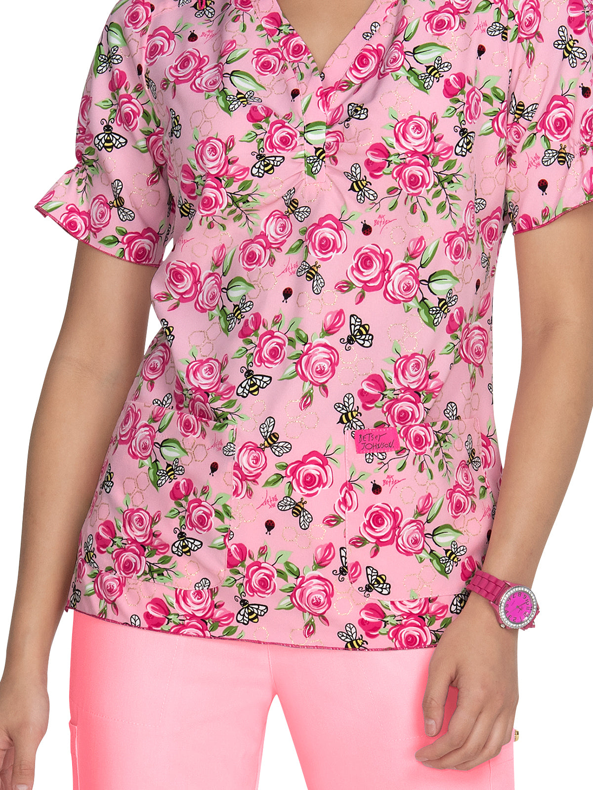 Women's 2-Pocket Heart-Shaped Neck Print Canola Scrub Top