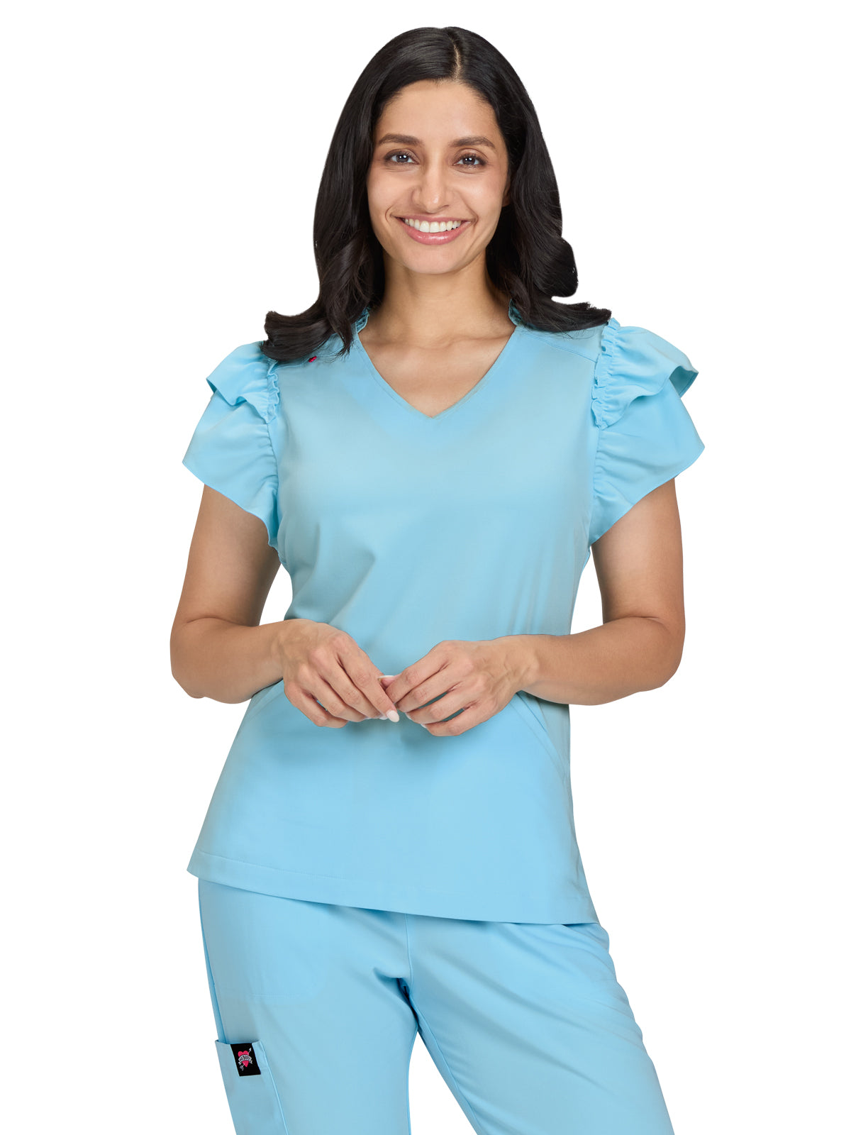 Women's 2-Pocket Ruffle Sleeve and Ruffle Collar Clary Scrub Top