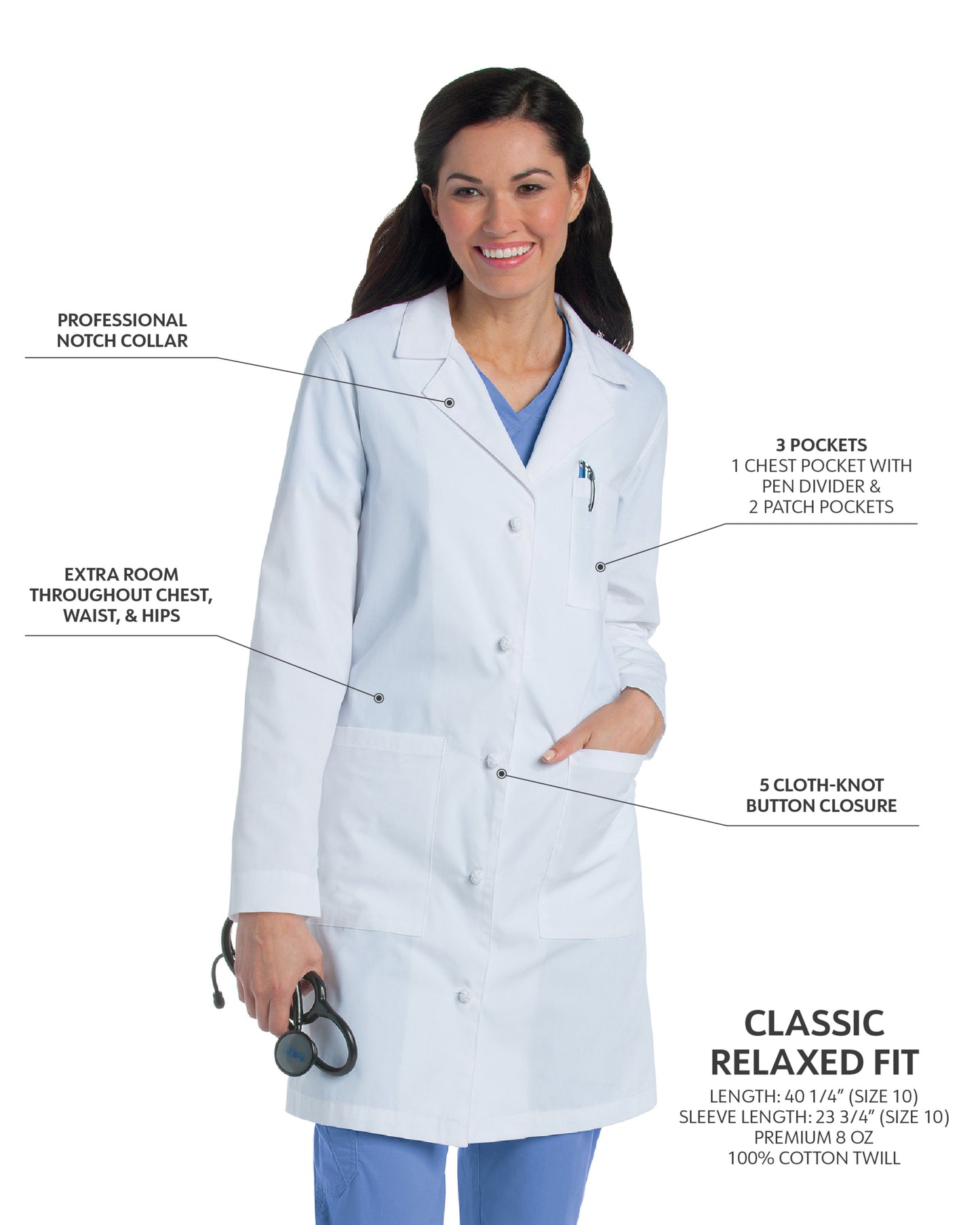 Women's Three-Pocket 40.5" Full-Length Lab Coat