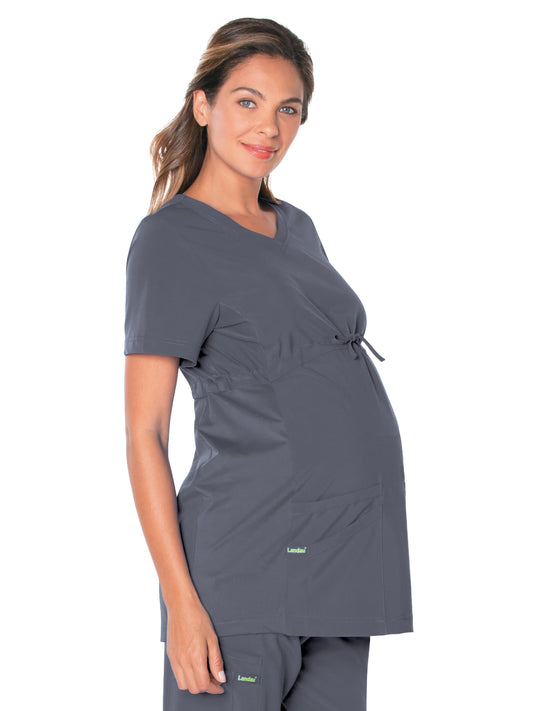 Women's 3-Pocket Adjustable Drawstring Empire Waist V-Neck Maternity Scrub Top