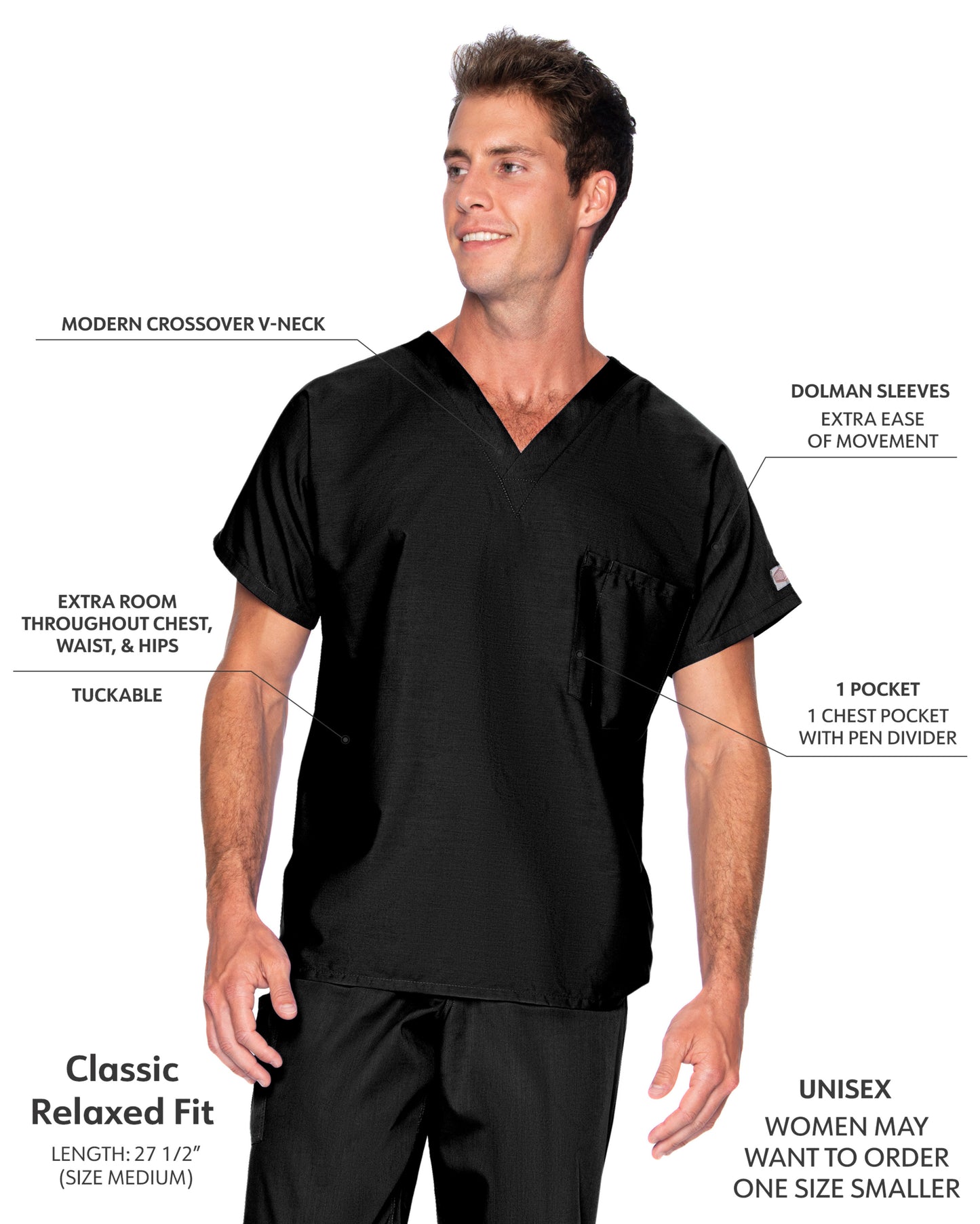 Unisex 1-Pocket Dolman Sleeve Tuckable V-Neck Scrub Top