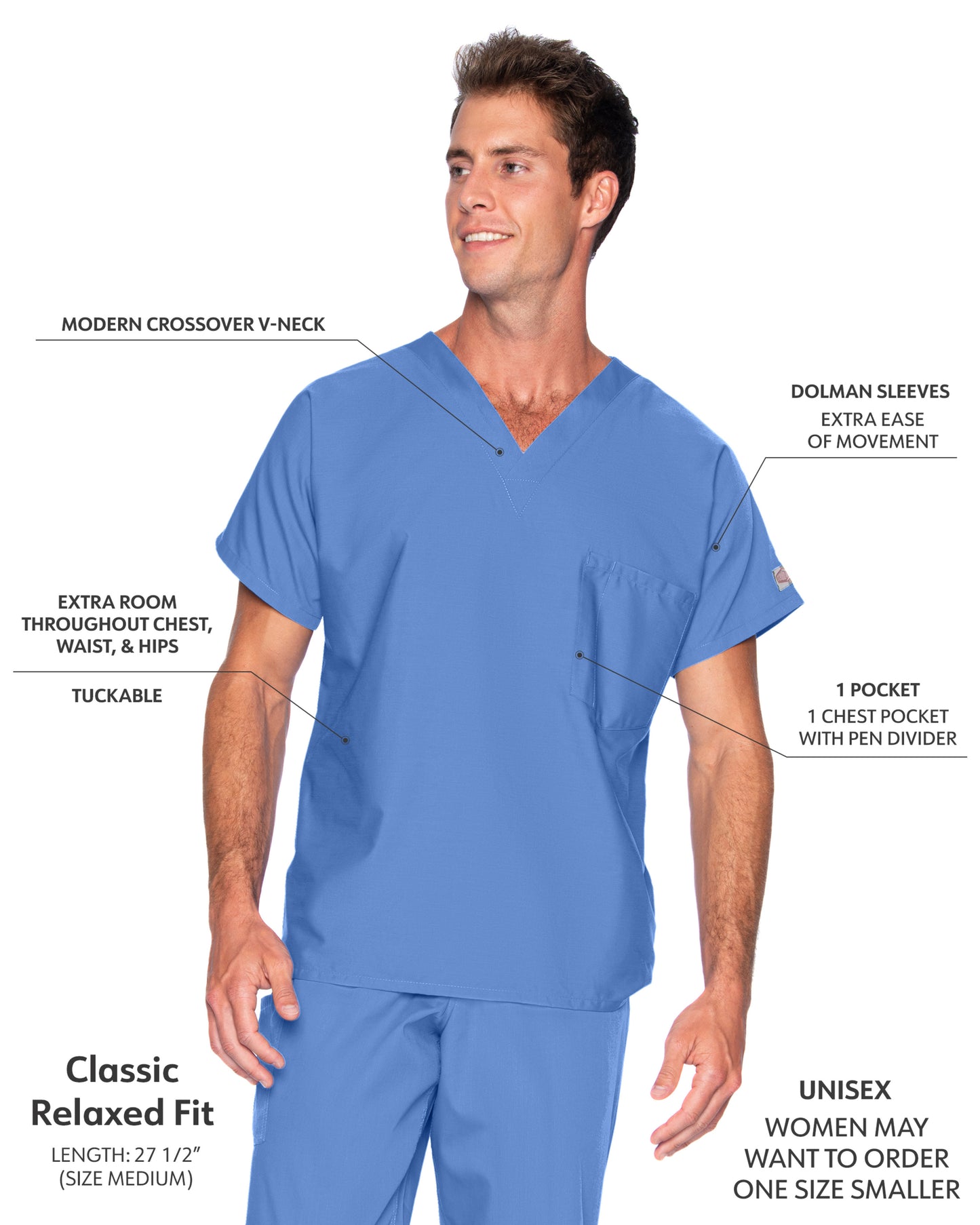 Unisex 1-Pocket Dolman Sleeve Tuckable V-Neck Scrub Top