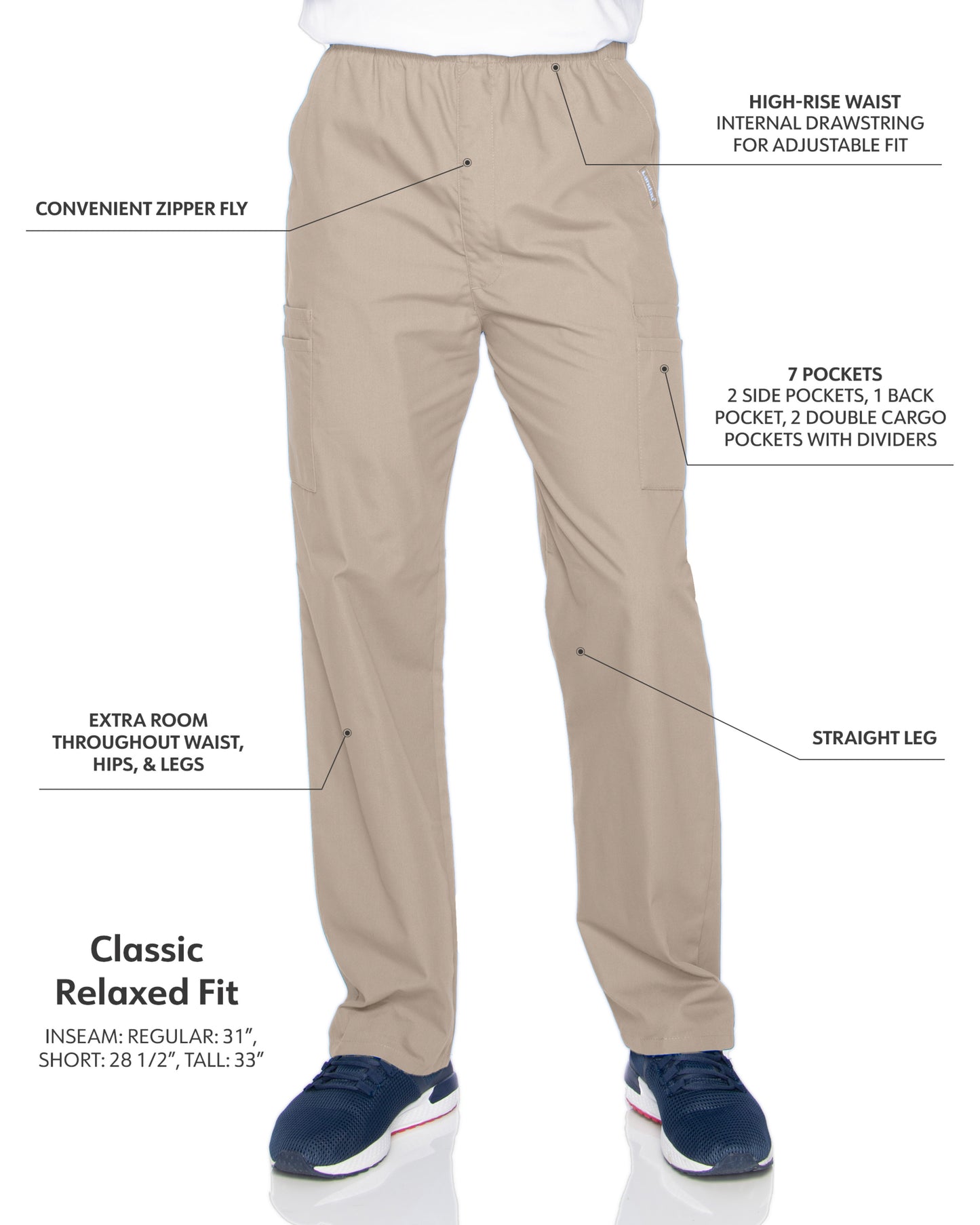 Men's 7-Pocket High-Rise Elastic Waist Cargo Scrub Pant