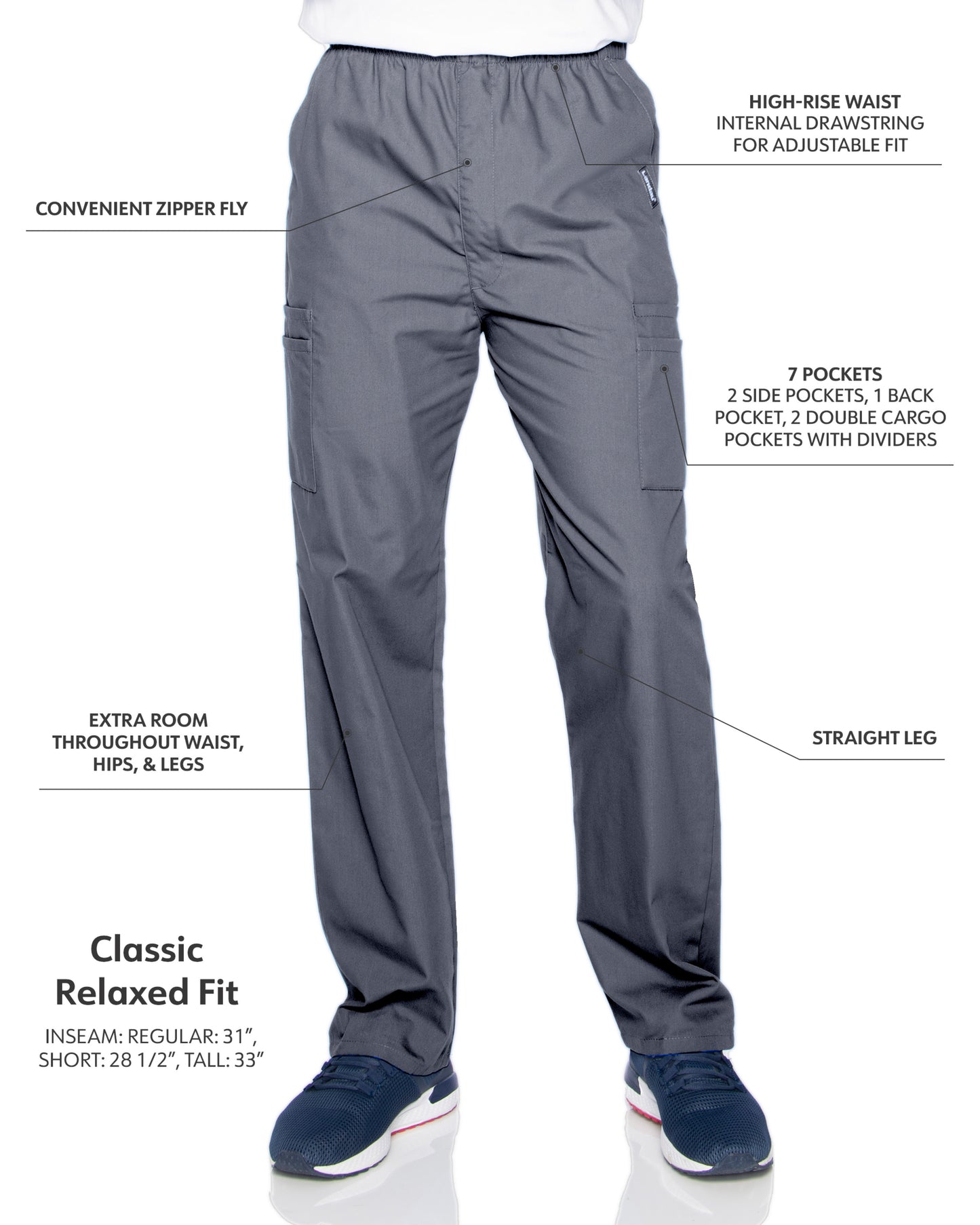 Men's 7-Pocket High-Rise Elastic Waist Cargo Scrub Pant