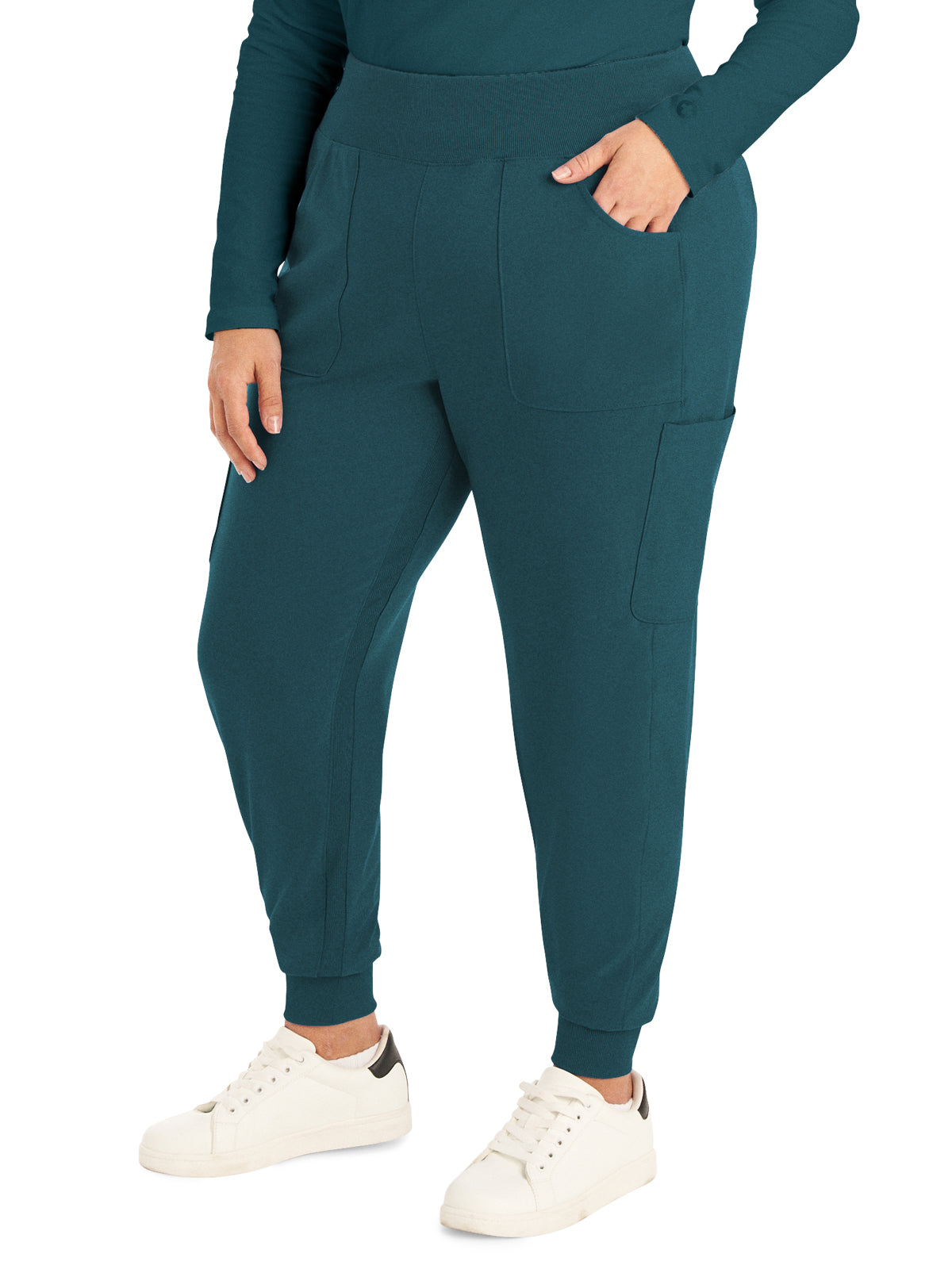 Women's 7-Pocket Mid-Rise Rib-Knit Elastic Waist Cargo Scrub Pant