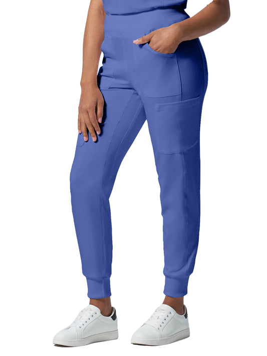 Women's 7-Pocket Mid-Rise Rib-Knit Elastic Waist Cargo Scrub Pant