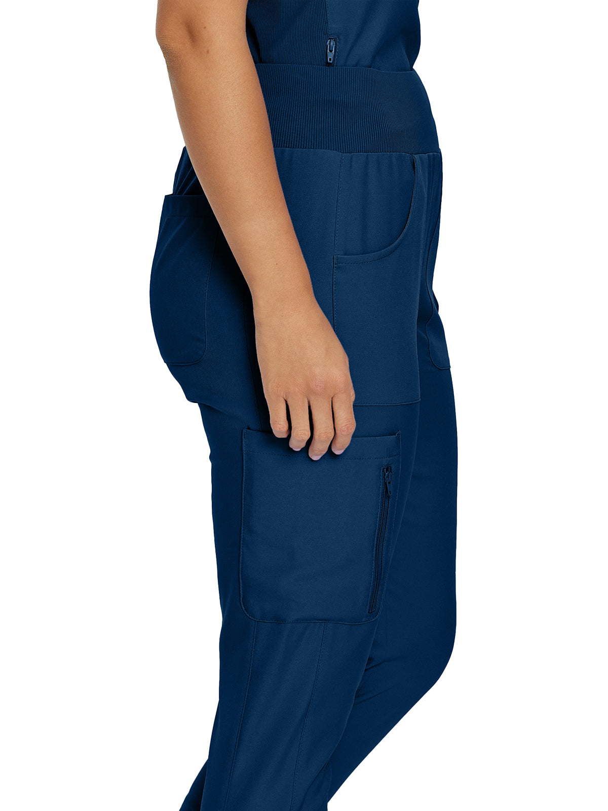 Women's 7-Pocket Mid-Rise Rib-Knit Elastic Waist Cargo Scrub Pant