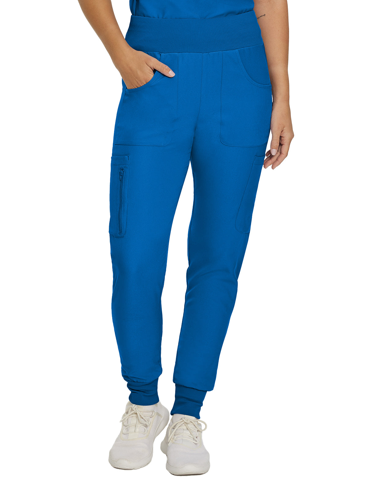 Women's 7-Pocket Mid-Rise Rib-Knit Elastic Waist Cargo Scrub Pant