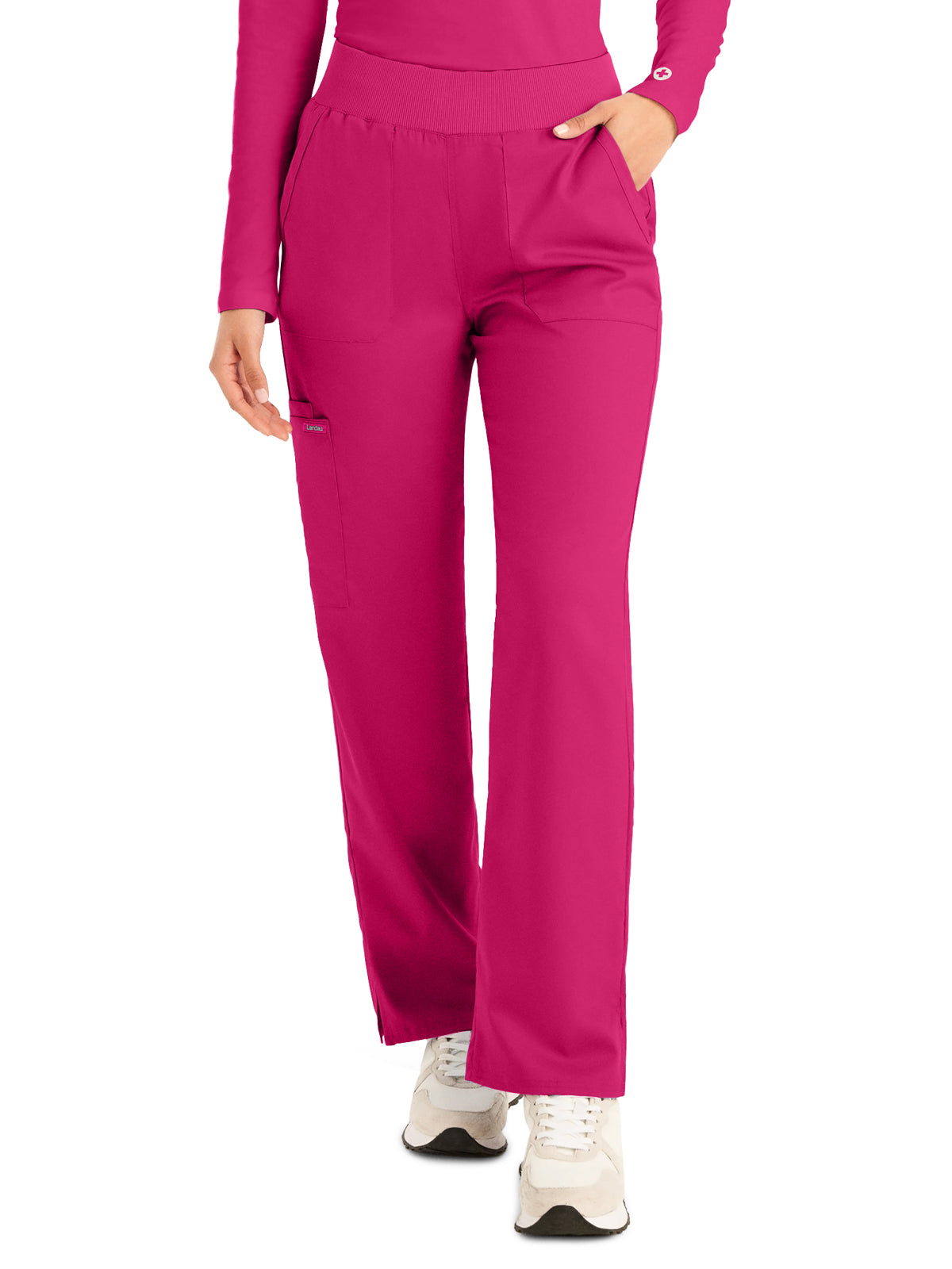 Women's 5-Pocket Mid-Rise Rib-Knit Elastic Waist Straight Leg Scrub Pant