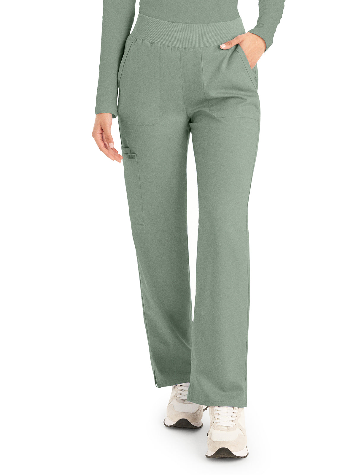 Women's 5-Pocket Mid-Rise Rib-Knit Elastic Waist Straight Leg Scrub Pant