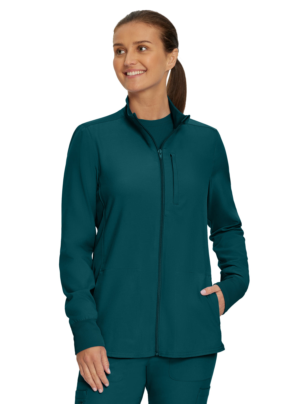 Women's 3-Pocket Mock-Neck Zip-Front Scrub Jacket