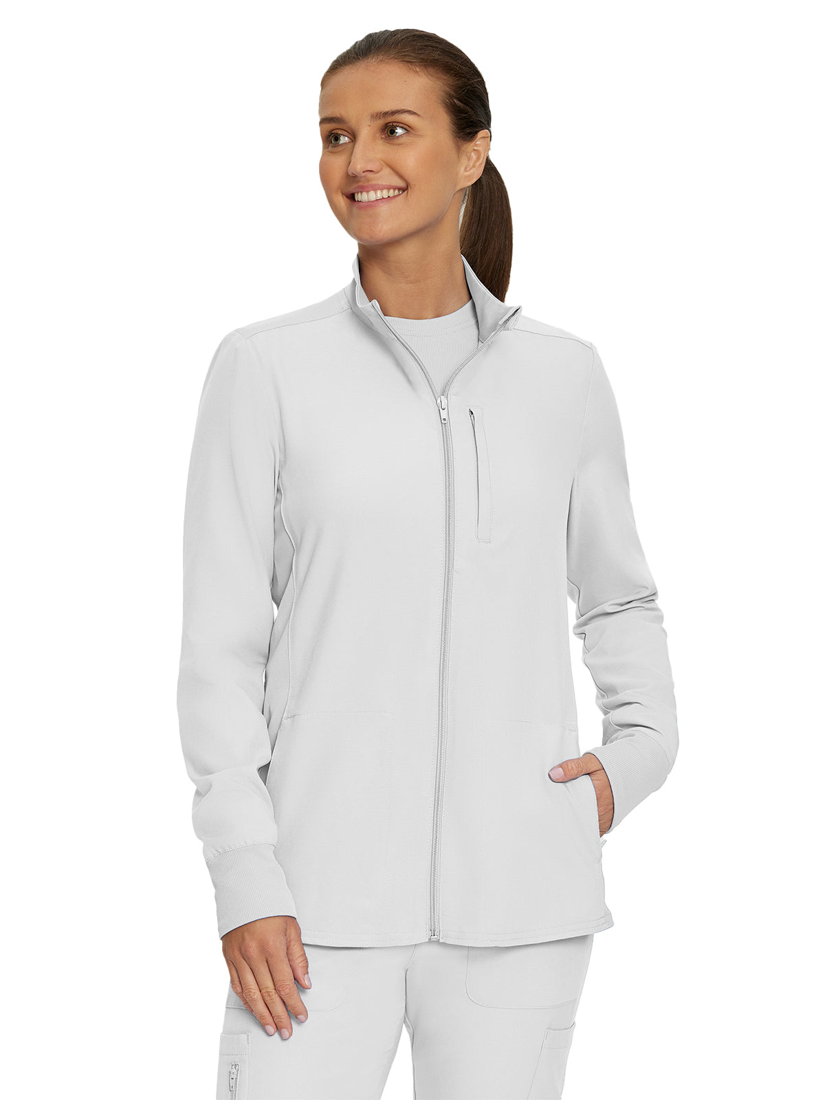 Women's 3-Pocket Mock-Neck Zip-Front Scrub Jacket