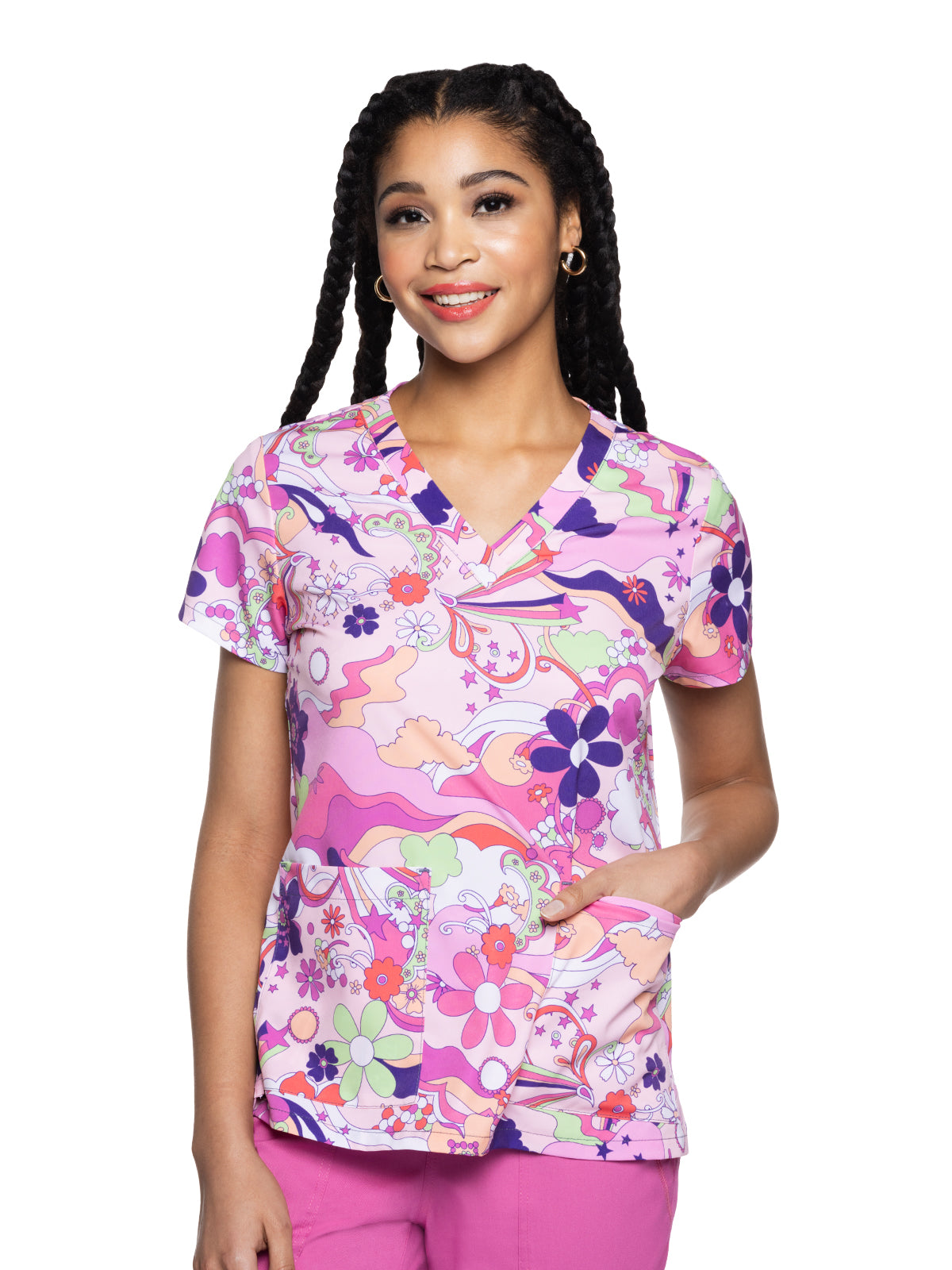 Women's 2-Pocket V-Neck Print Top