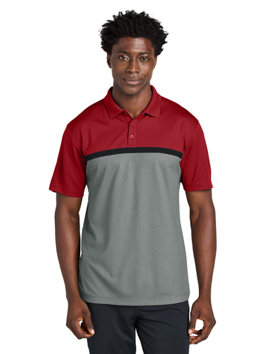 Men's Pocketless Moisture Wicking Colorblock Polo - ST741 - Deep Red/ Grey Concrete Heather/ Black