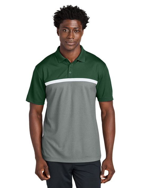 Men's Pocketless Moisture Wicking Colorblock Polo - ST741 - Forest Green/ Grey Concrete Heather/ White