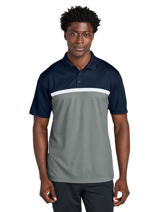 Men's Pocketless Moisture Wicking Colorblock Polo - ST741 - True Navy/ Grey Concrete Heather/ White