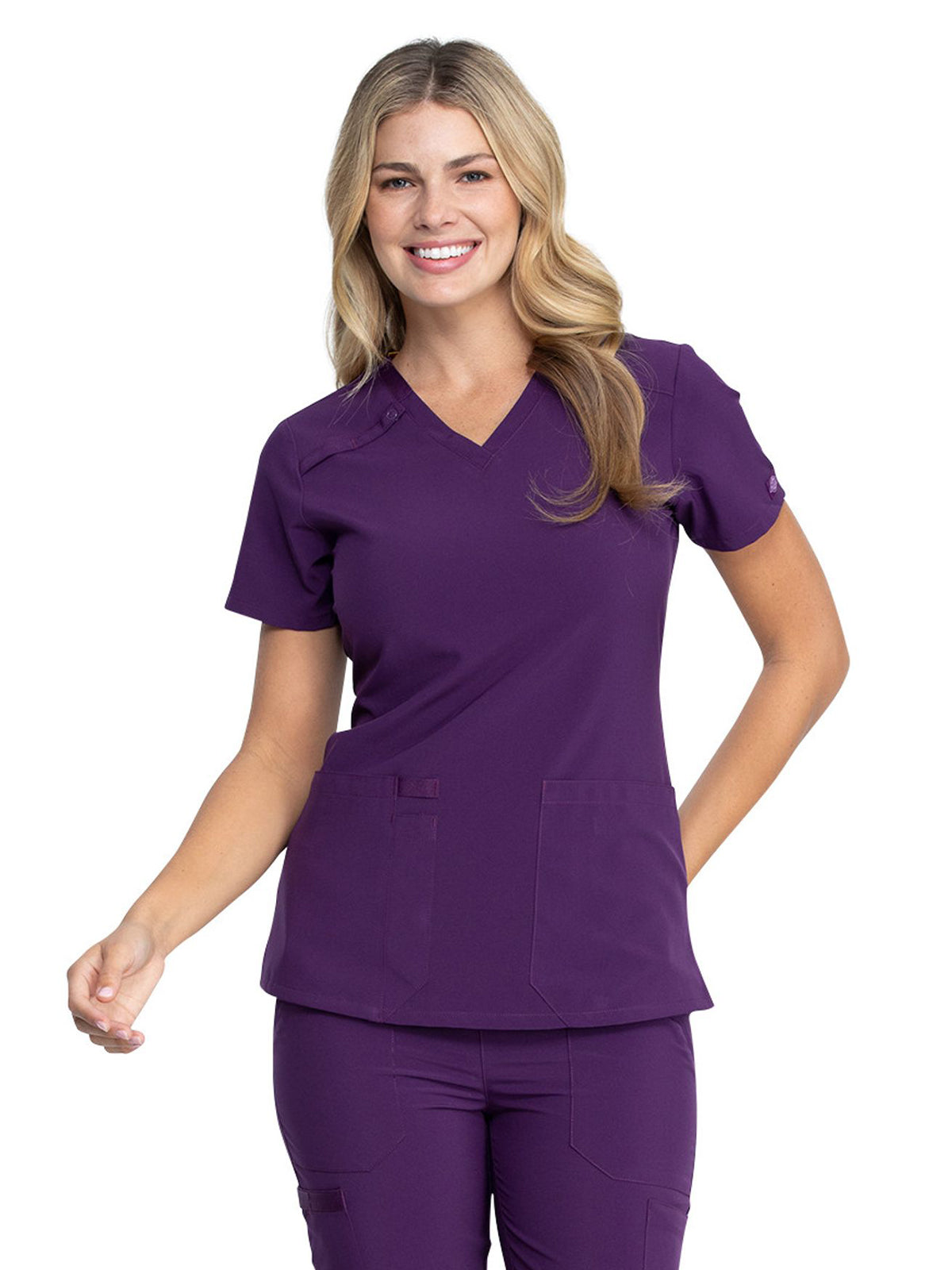 Women's 2-Pocket Contemporary V-Neck Top - DK615 - Eggplant