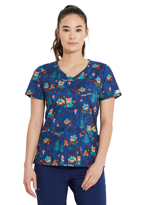 Women's 4-Pocket V-Neck Print Scrub Top