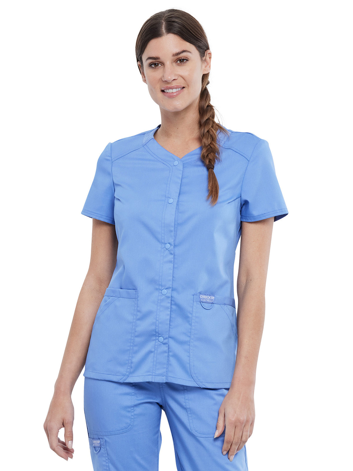 Women's 4-Pocket Snap Front V-Neck Scrub Top