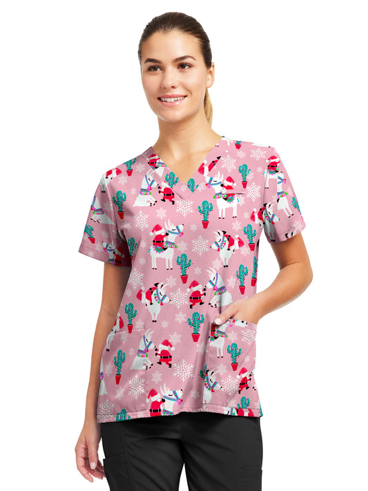 Women's 3-Pocket V-Neck Printed Scrub Top