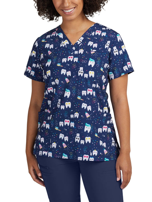 Women's 3-Pocket V-Neck Printed Scrub Top